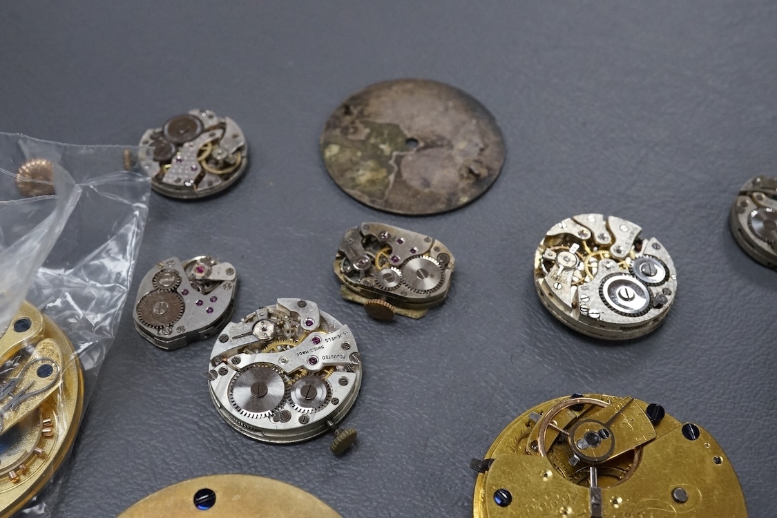 A gold plated Waltham hunter keyless pocket watch, with Roman dal and subsidiary seconds, case diameter 50mm, together with a group of wrist pocket and fob watch movements, etc.